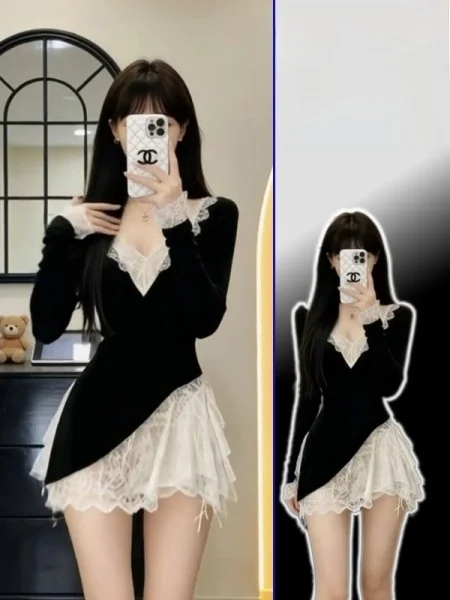 

plus Size Women's Casual V-Ne Long Sve Dr Slimming ort A-Line Skirt Korean Sle Spring Faion Bodycon Dr