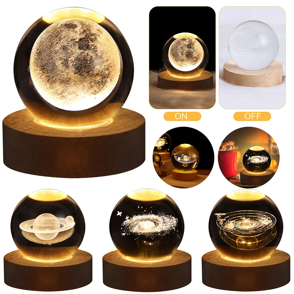 USB LED Night Light Galaxy Crystal Ball 3D Moon Planet Table Lamp Decor Bedroom Atmosphere Lamp for Birthday Kids Xmas Gifts