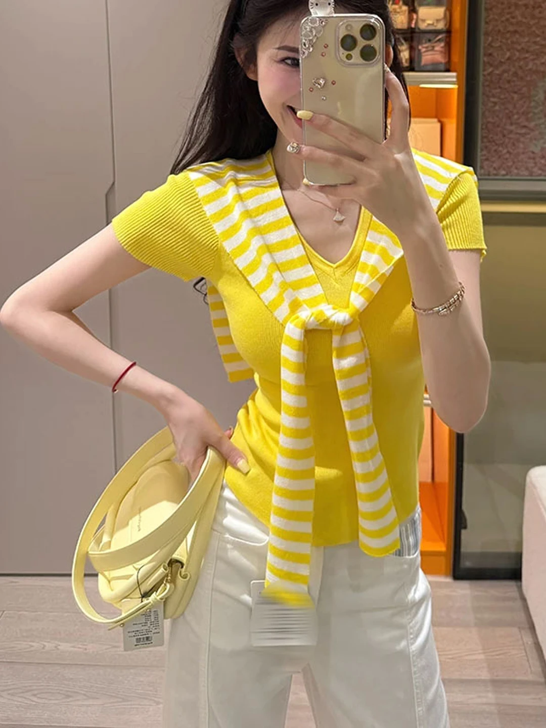 

Dopamine Yellow Striped Wrap V-Neck Short Sleeve Ice Silk Knitted Top Women Summer Slim Fit Two-Piece Set Upper Body