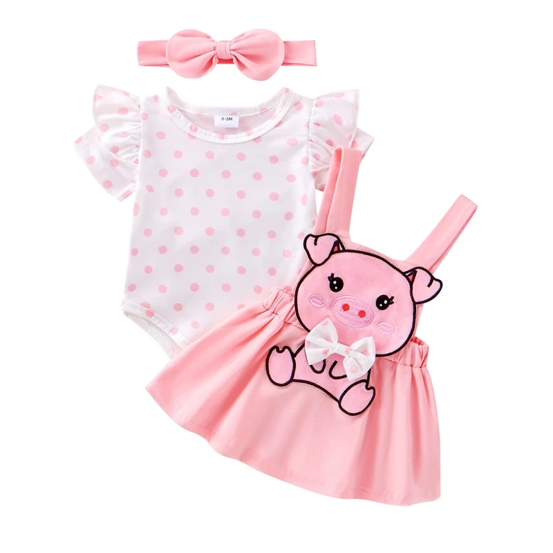 

SXYPAYXS-Baby Girls 3Pcs Summer Outfits Romper Piggy Suspender Skirt Headband Set Newborn Clothes