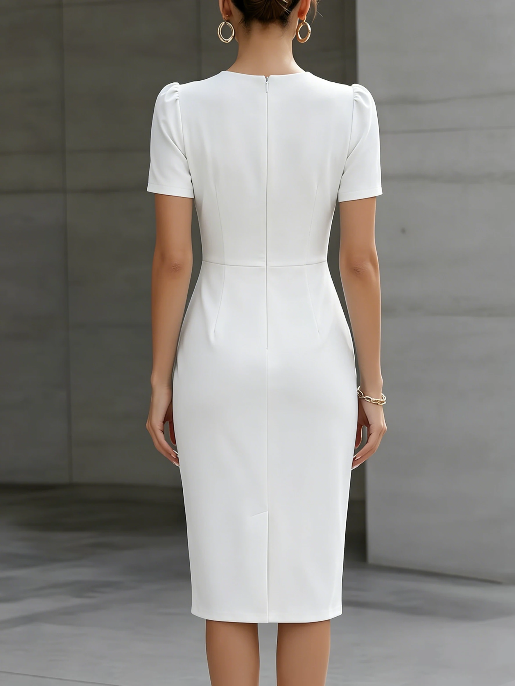 Bestseller Sommer Elegantes Businesskleid, Rundhalsausschnitt, Plissierte Taille, Taillierte Passform, Einfache Halbarm-Ärmel für Damen – Detail 8