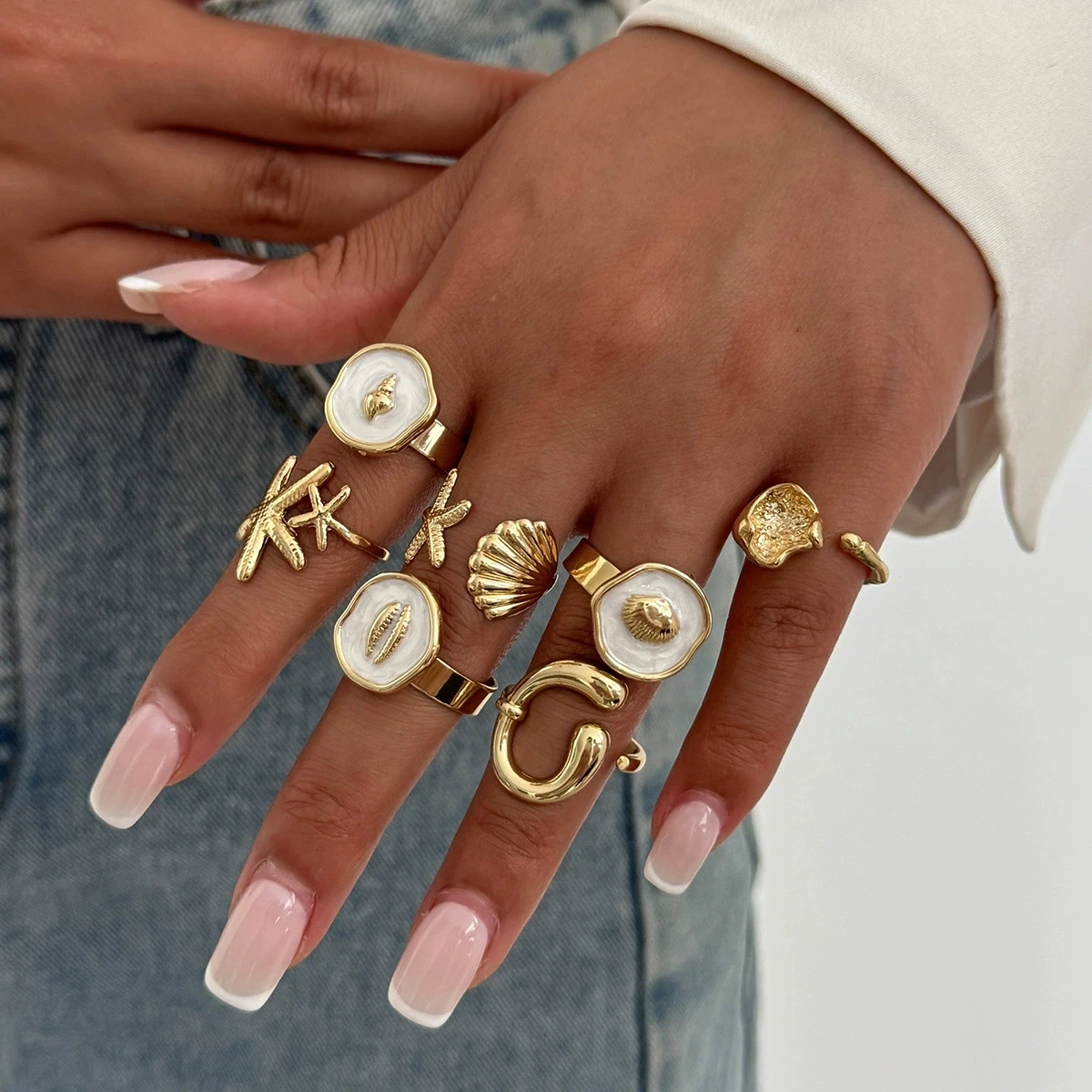7 Pcs Luxury Oil Dripping Texture Ring Set Women Chic Marine Biology Series Fashion Starfish Liquid Metal Ring Accessory