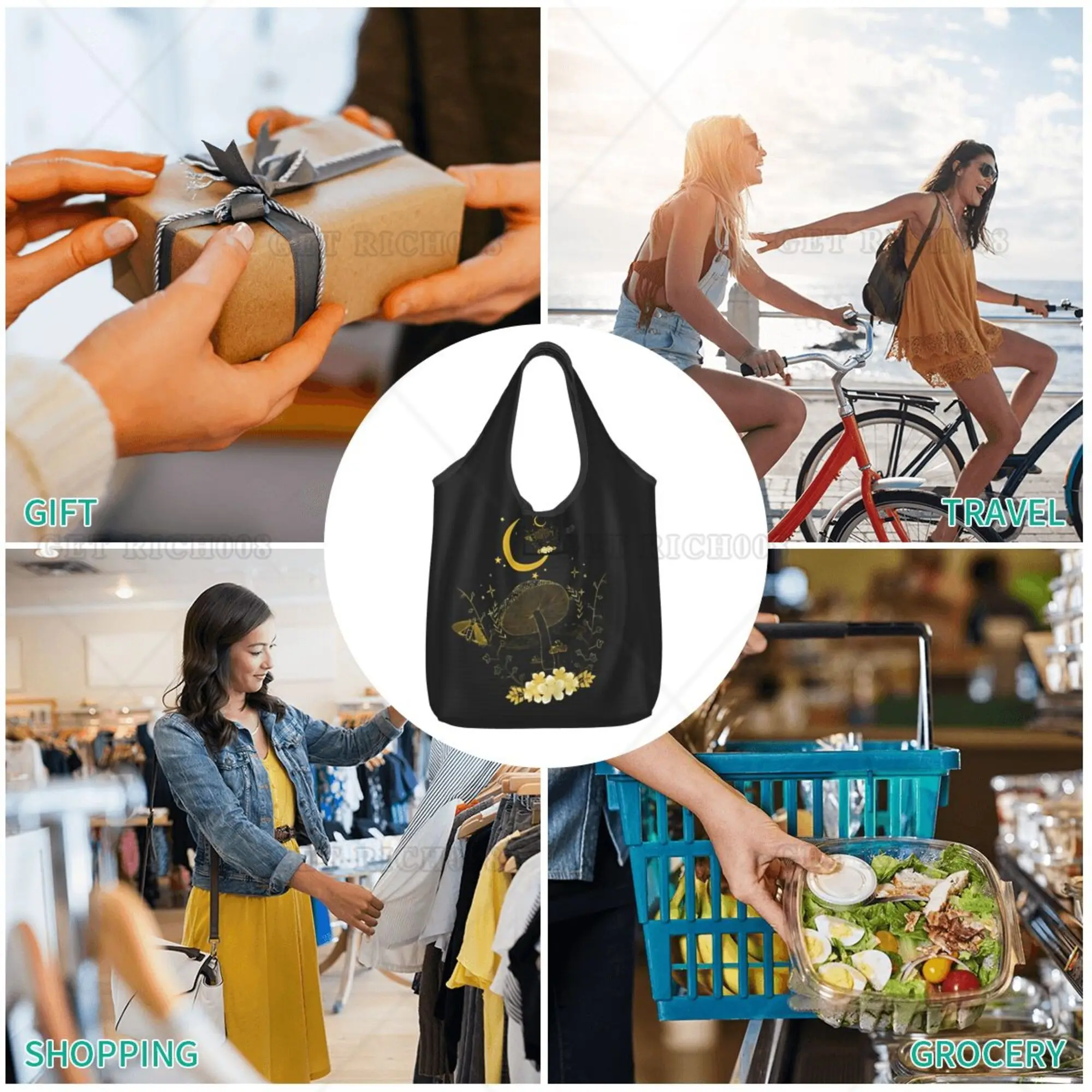 Mushroom and Moon Gothic Shoper Bag Portable Tote Bag Recyclable Grocery Bags Women Hand Bag for Shopping Outdoor Foldable