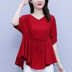 Elegant V-Neck Loose Shirring Bandage Bow Blouse Women's Clothing 2023 Summer New Oversized Casual Pullovers Asymmetrical Shirt