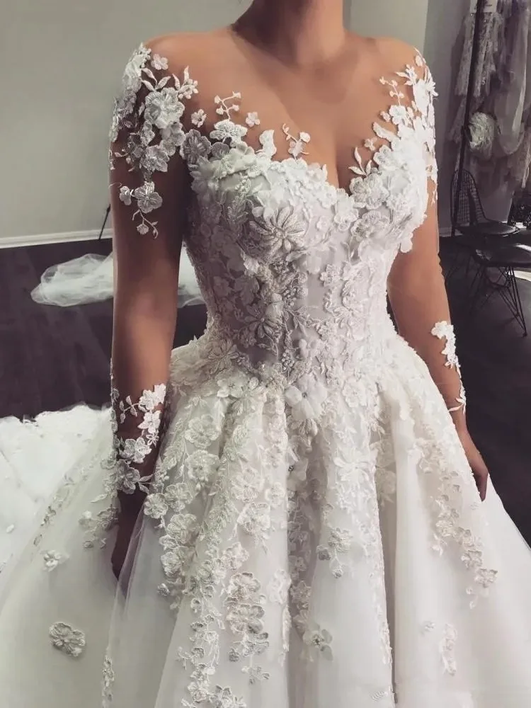 Prinzessin schiere O-Ausschnitt Brautkleider lange Ärmel 3d Blumen Spitze Applikationen plus Größe A-Linie Brautkleid vestido de novia