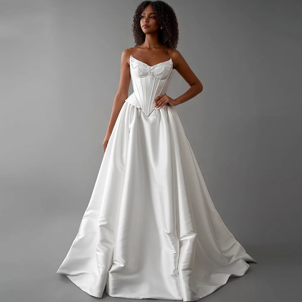 Delicate Beading Sleeveless Robe de mariée Temperament Customized Satin Wedding Dress Classic Lace Up Back Vestido De Novia