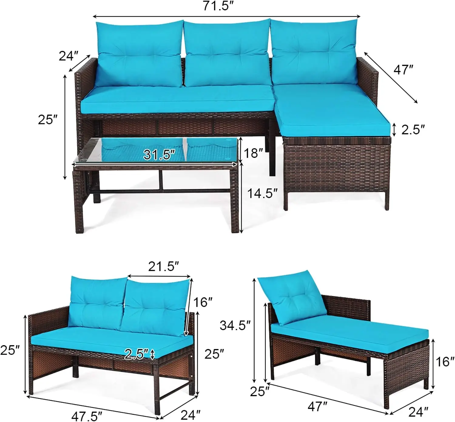 DORTALA Wicker Patio Furniture Set Couch 3 Piece, L-Shaped PE Rattan Outdoor Sectional Sofa Conversation Set with Loveseat, Loun