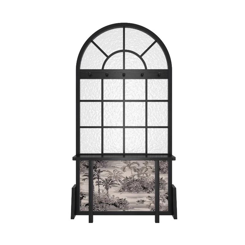 

Retro windshield glass screen partition facing the door into the home, living room sofa blocking, hanging shelves
