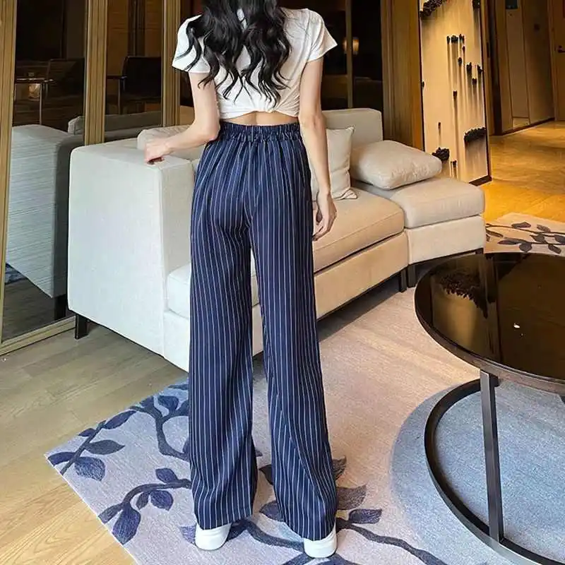 여성용 하이웨이스트 스트라이프 스트레이트 팬츠 캐주얼 롱 트라우저 반사 요소 자수 디테일 폴리에스터 코튼 B...