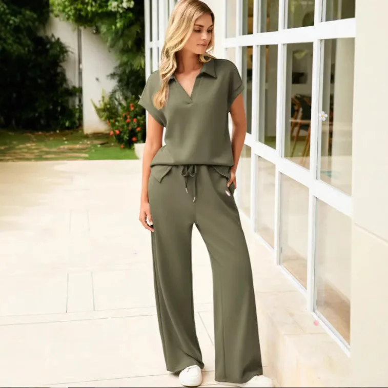 Amazon Independent Station Loose V-Neck Short Sleeve Top With Drawstring Design Elastic Waist Flared Long Pants Two-Piece Set