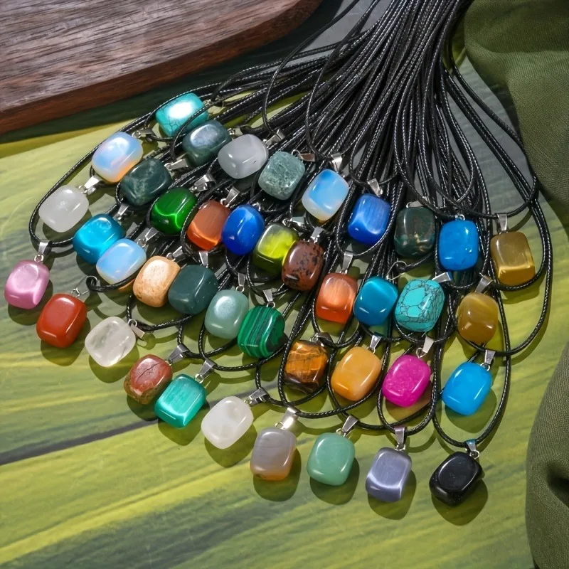 10 Irregular Natural Stone Pendant, with Black Leather Cords. Suitable for DIY Jewelry Making, Including Necklaces, Crystal.