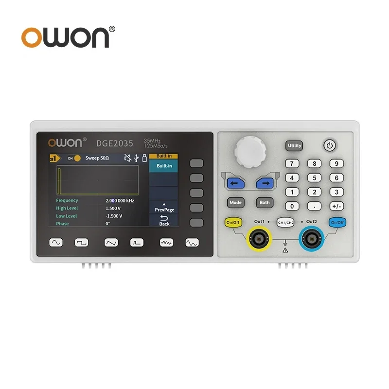 OWON DGE2035 DGE2070: dubbele kanaalgenerator voor willekeurige golfvormen, 35 MHz, 70 MHz, 14 bit, 8K punten, 150 golfvormen, USB-signaalbron, SCPI.