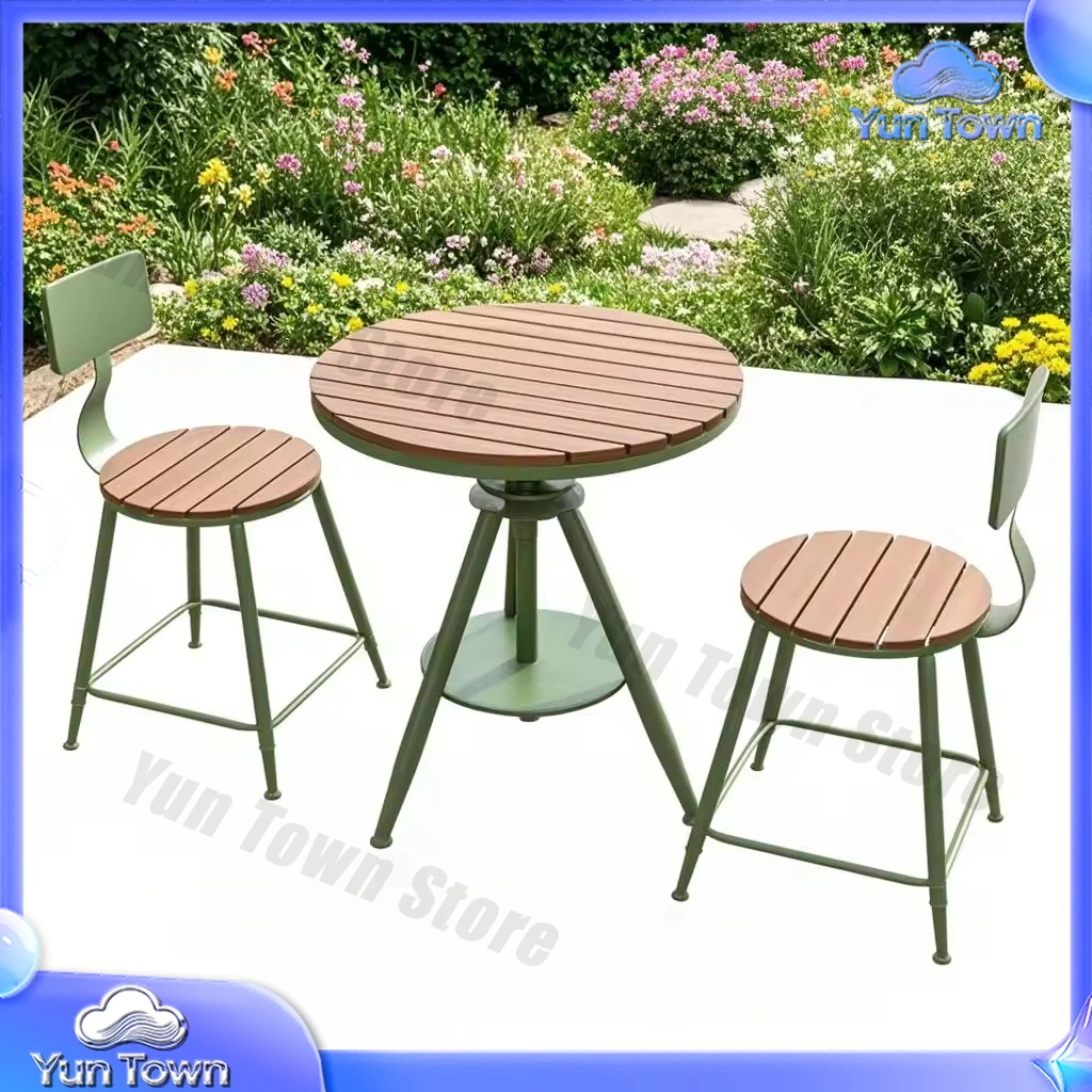 Modern Premium Outdoor Bistro Set Lightweight Round Wood Table and 2 Metal Frame Chairs for Garden Courtyard Backyard