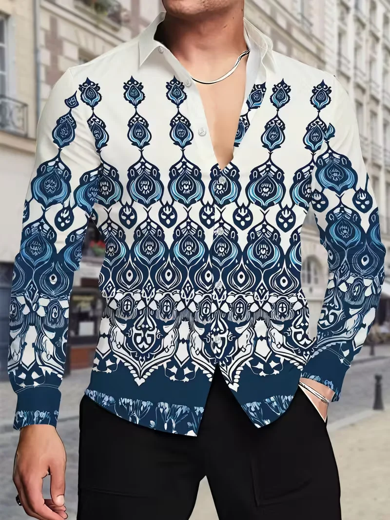 New men's Fashionable Red 3D Flower Printed Shirt With Casual Long Sleeved Button Design And Fashionable Shirt Top