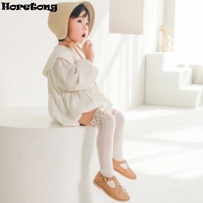 Horetong New Summer Baby Knee High Socks Kids Girls Bow Long Sock Soft Cotton Breathable Children Hollow Socken For 0-7 Years