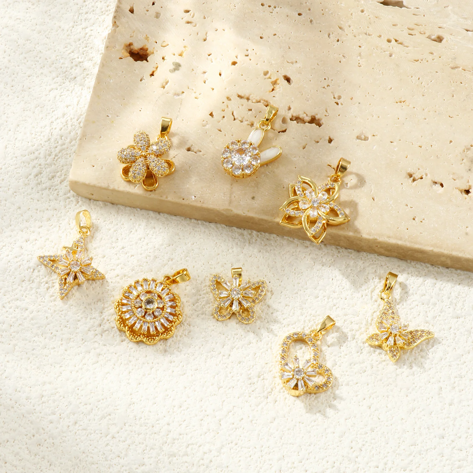 1 Piece Rotatable Brass Charm Pendant 18K Gold Plated Clear Rhinestone Flower Star Butterfly For DIY Necklace Jewelry Making