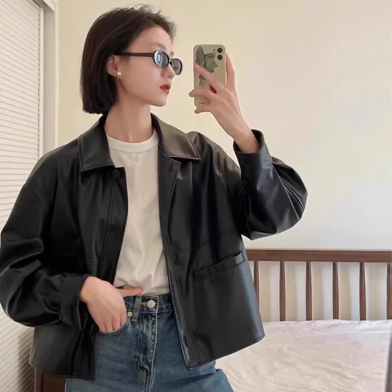 Spring Autumn Thin Style Vintage Lapel Single-Breasted Leather Jacket Women Trendy Long Sleeve Spliced Big Pockets Women's Coat