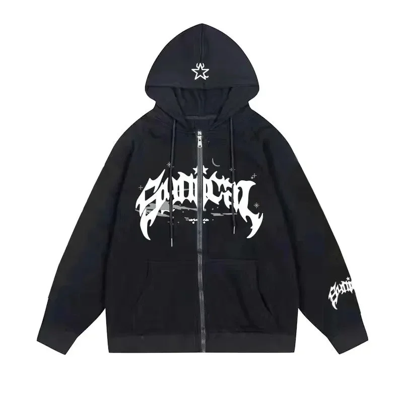 Men's zipper retro sweater hooded sweatshirt letters and stars multifunctional casual jacket American style fashionable 2026