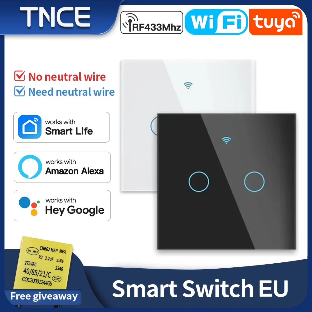 

TNCE Tuya Выключатель света EU, с/без нейтрального провода, 1/2/3/4 Gang RF433 Умная настенная панель Сенсорное управление, Голос Alexa Google Home