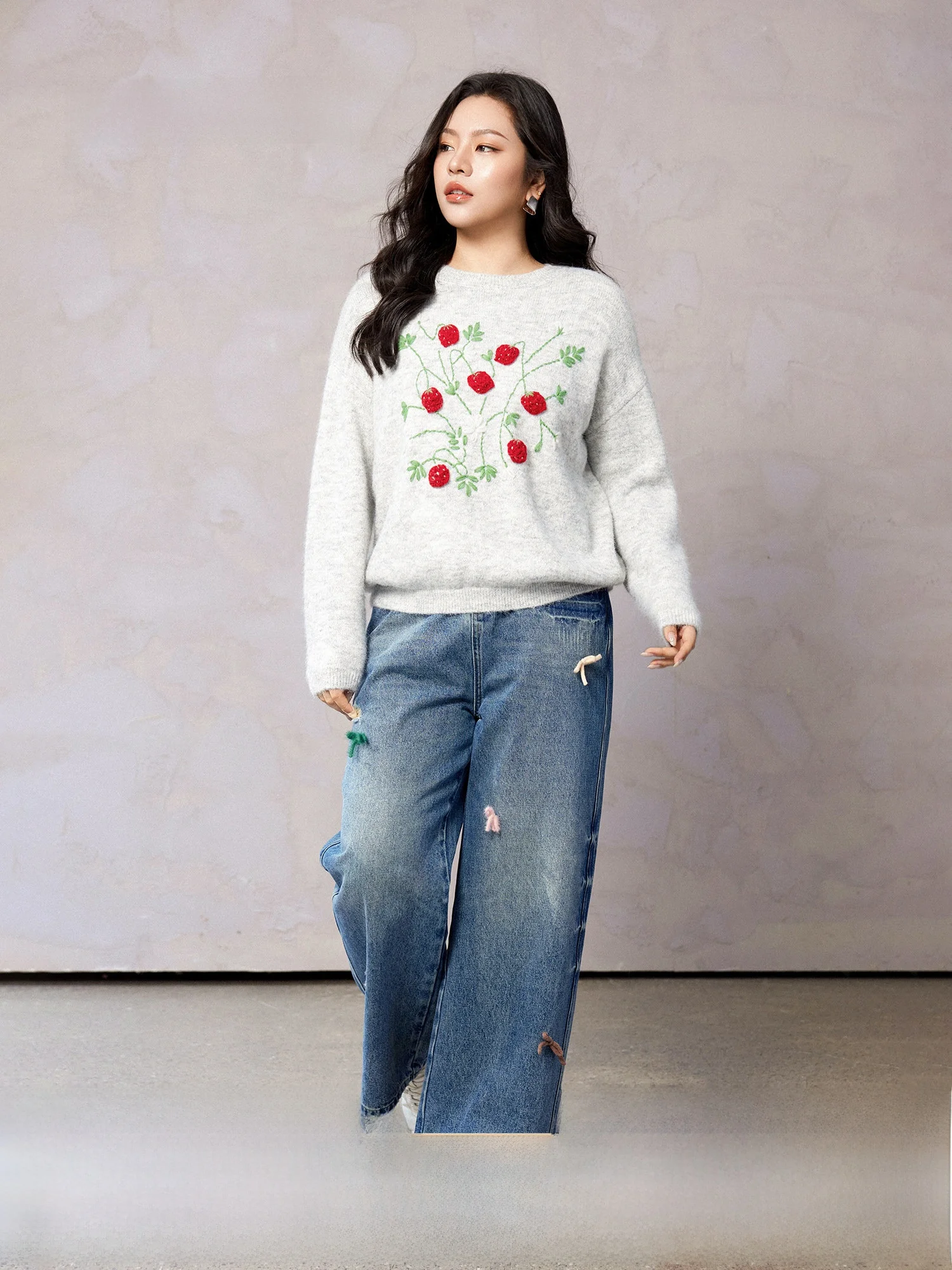 

Plusmall Blue Island Hand-sewn 3D Dyed Bowtie Vintage Waed Straight-leg Denim Jeans Women's Spring Collection