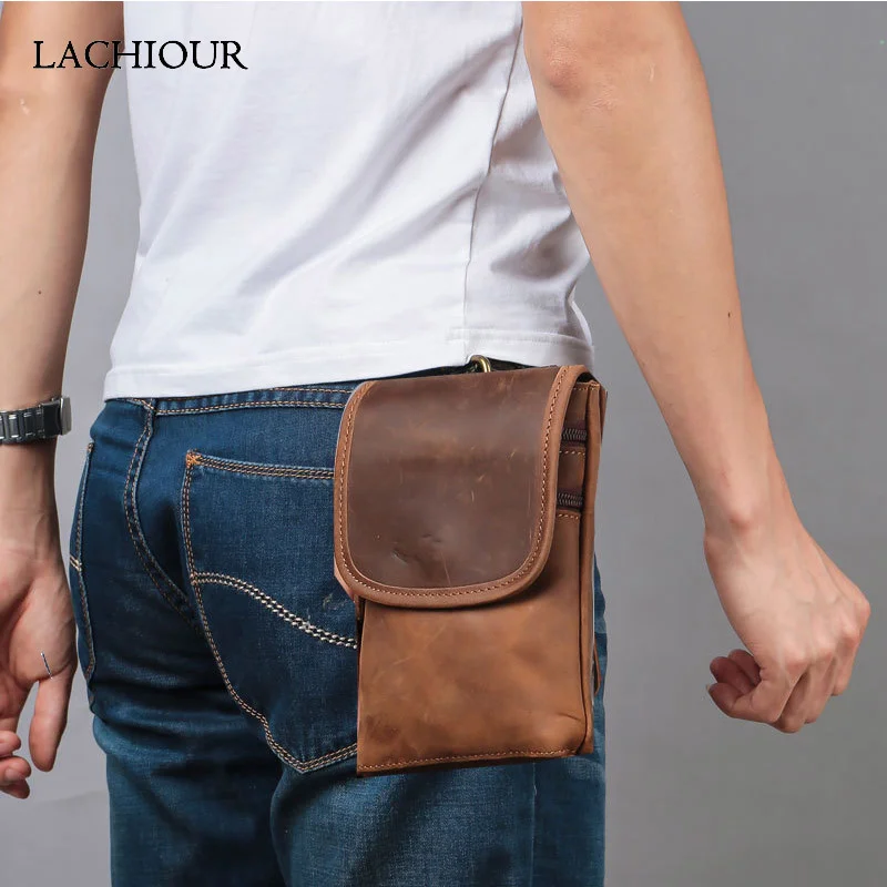 Men Crazy Horse Waist Pack Male Genuine Leather Hip Bum Belt Bag Zipper Phone Pouch Boy Fanny Packs