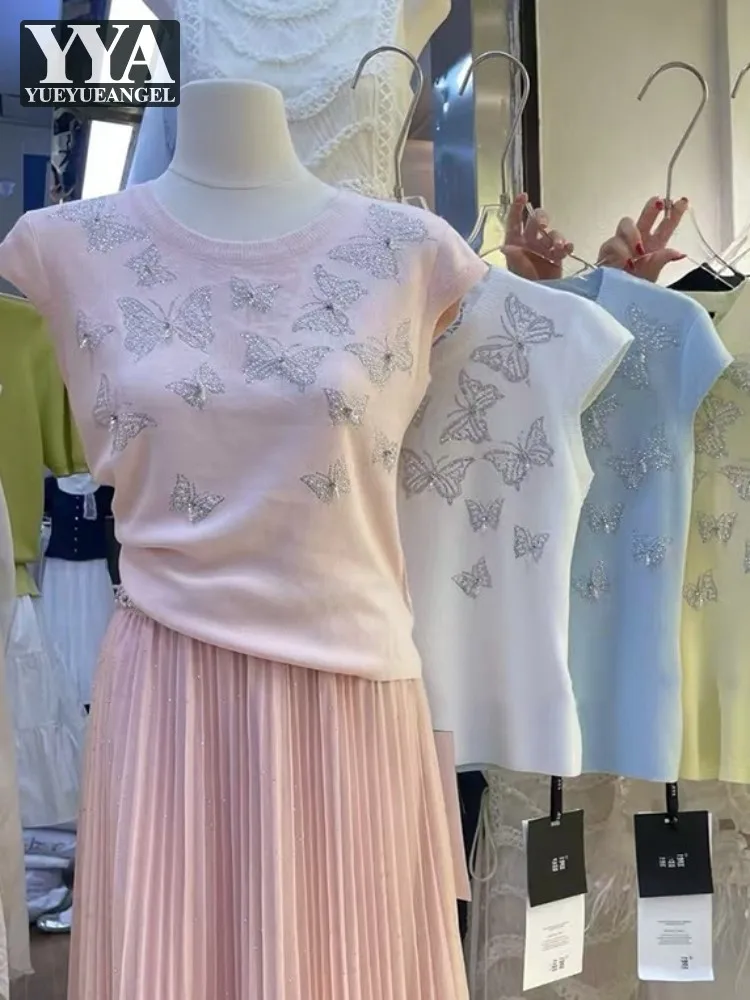 Womens Summer New Style Sweet Diamond Butterfly Knitted T-Shirt Short Sleeve O-Neck Top Daily Casual Tees Chic Pullover Hot Sale