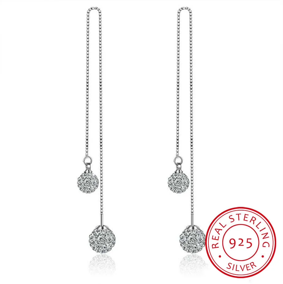

925 Sterling Silver Rhinestone Double Ball Design Long Drop Earrings For Women Jewelry Birthday Gift New Hot Sale Wholesale