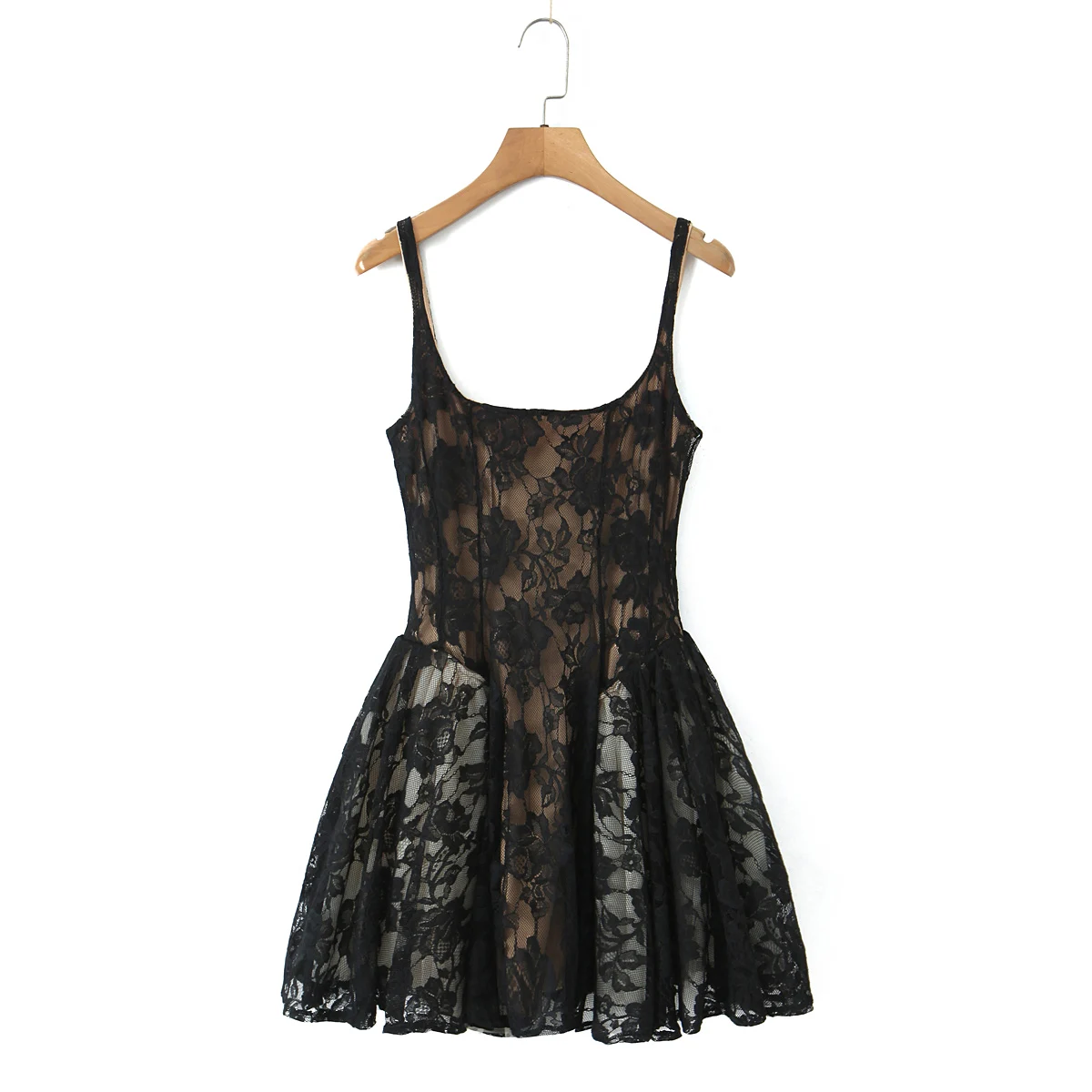 Sexy Beige Hollow Out Lace Mesh Sling Mini Dress Women U Collar Low Waist Ruched Swing Ball Gown Dresses Party Vestidos Robe