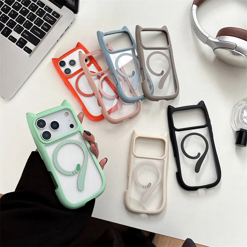Funda de teléfono magnética transparente con cola de gato de Color sólido de dibujos animados para iPhone Air 17 Pro Max cubierta acrílica a prueba de golpes con carga inalámbrica