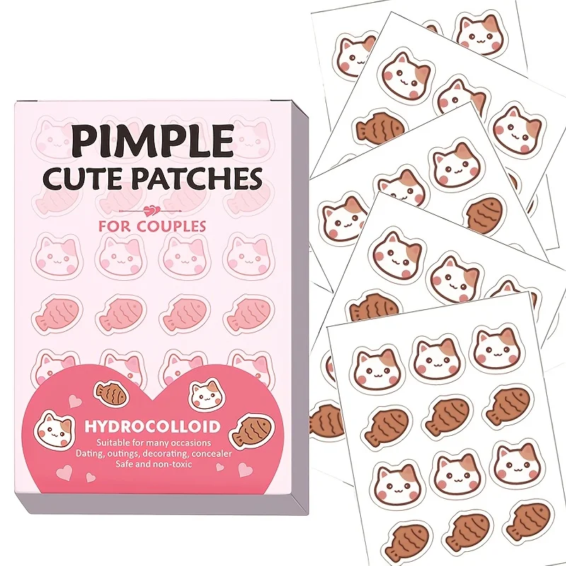72PCS Kitten and Fish cute cartoon acne patch, covering solution, fast and effective, gentle skin, waterproof, unisens, fragrant