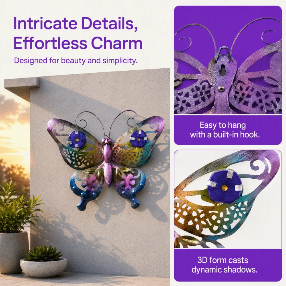 3D Design Metal Butterfly Wall Art 11.02*13.78in Purple Butterfly Window Hanging Hollow Out With Hook Wall Sculpture