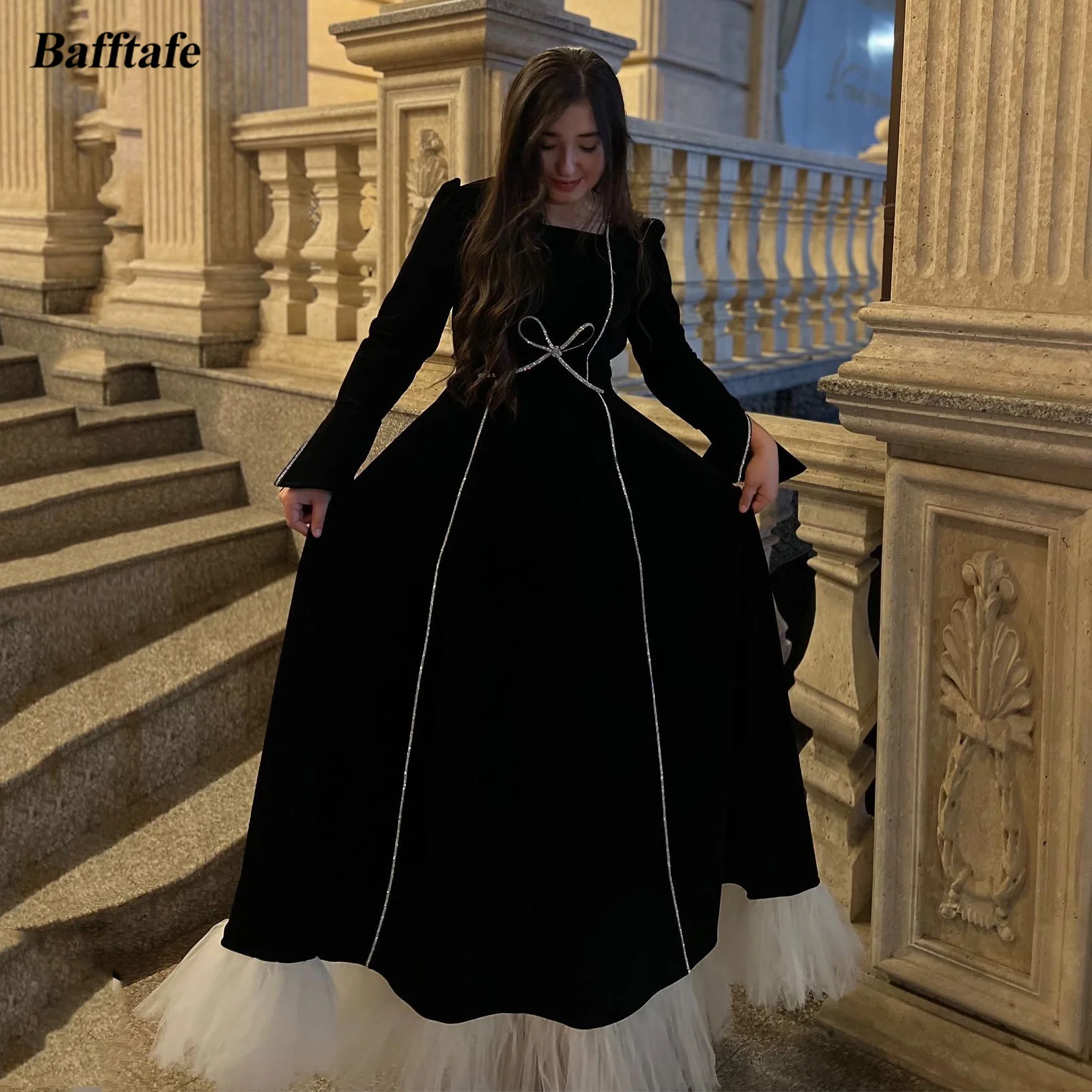 

Bafftafe Simple Black Velour Tulle Prom Dresses A Line Long Sleeves Special Occasion Dress Square Neck Formal Evening Gowns