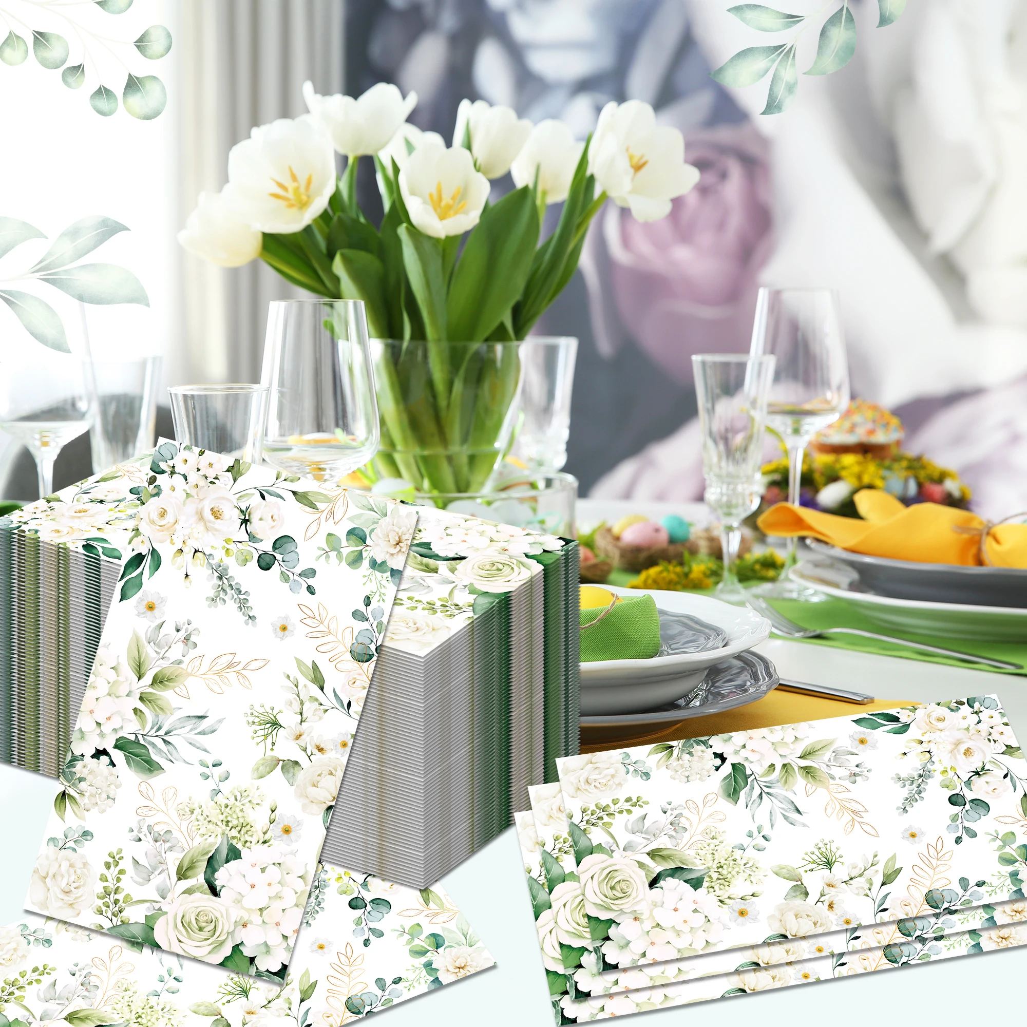 20/40/60/80pcs White Rose Greenery Eucalyptus Floral Printed Disposable Paper Napkins for Wedding Birthday Table Decor Supplies