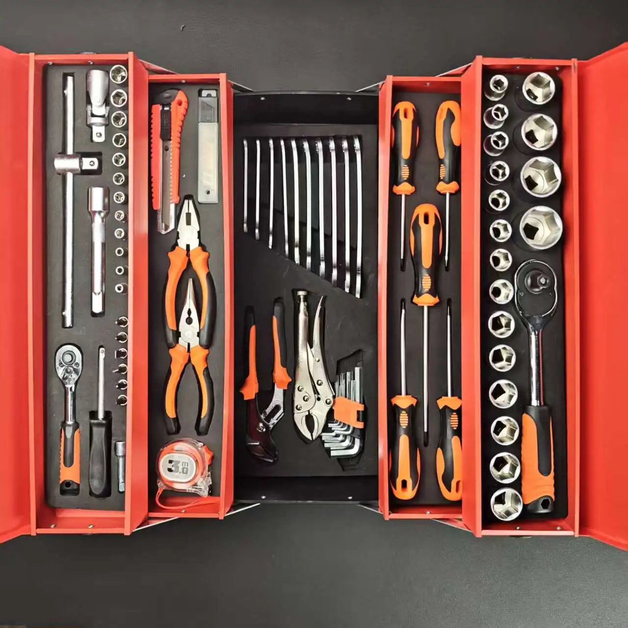85-Piece Hand Carbon Steel OEM Auto & Machine Repair  Tool Set Three-Layer Foldable Ratchet Wrench Combination with Hard Case