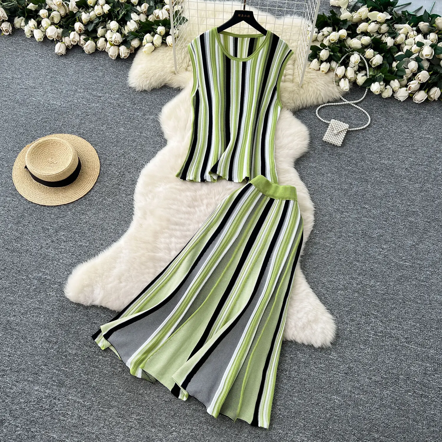 

High Quality Fashion Casual Knit 2 Piece Sets Women French Vintage Pullover Top + Long Skirt Two Piece Set Elegant Summer Outfit