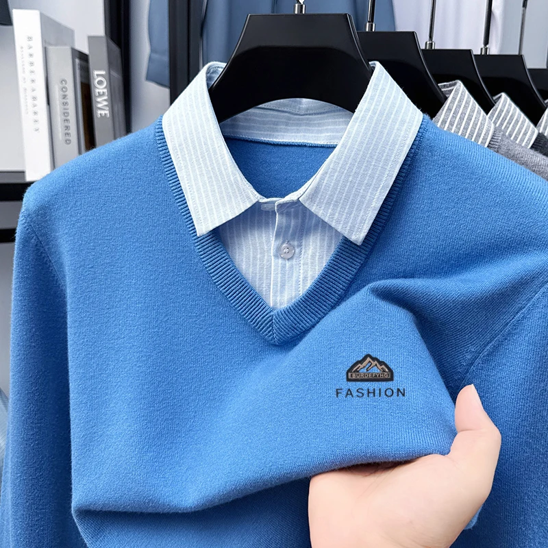 Maglione stampato in due pezzi finto da uomo Camicia base con colletto stile primavera e autunno 2025 Nuovo maglione lavorato a maglia in lana di pecora