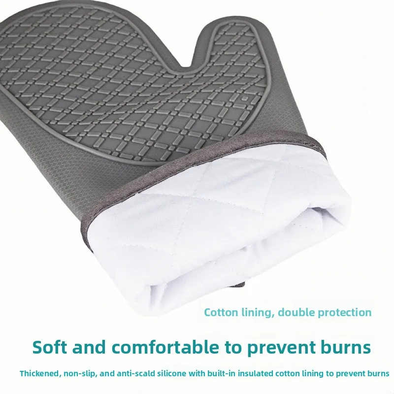 Silicone Heat-Resistant Long Two-Finger Anti-Scald Non-Slip Kitchen Gloves with Cotton Lining and Thickened for Baking Oven