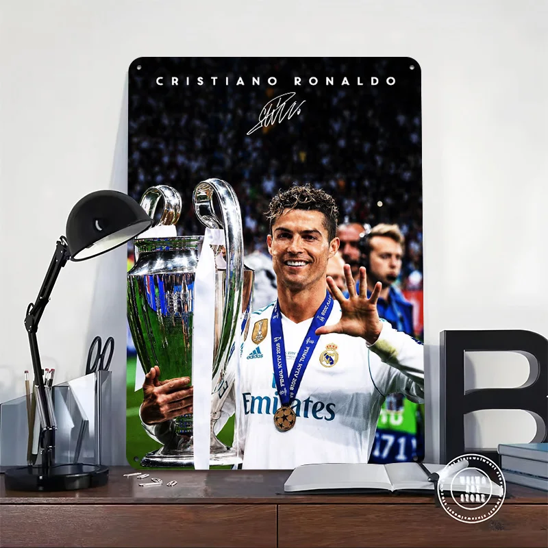 Cristiano Ronaldo With Champions League 3D Texture Printed Poster Custom Vintage Metal Tin Plate Sign for Wall Art Desk Decor