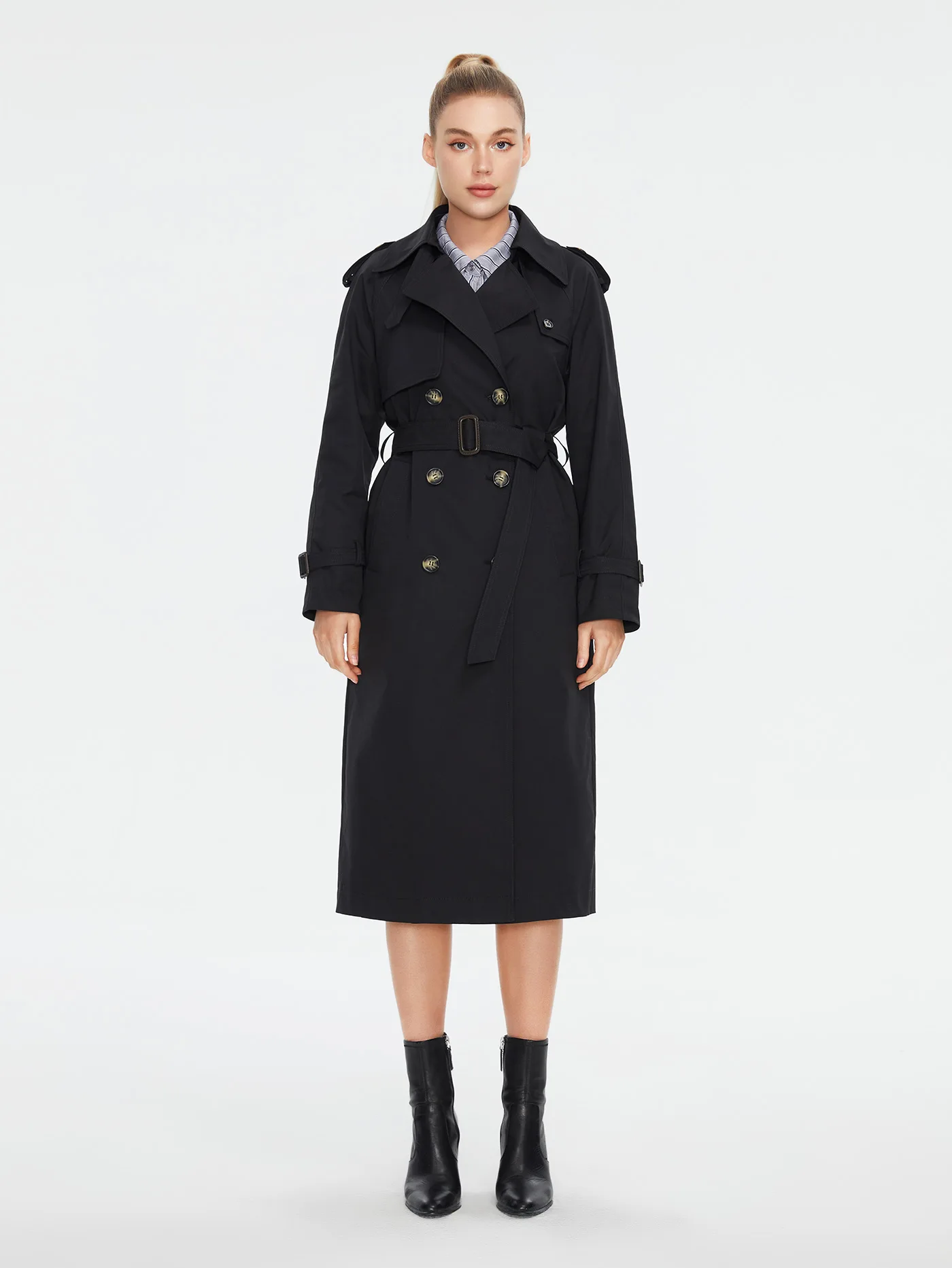 

Women Elegant Black Double Breasted Belted Long Trench Coat Slim Fit Casual Windbreaker Outerwear Spring Autumn