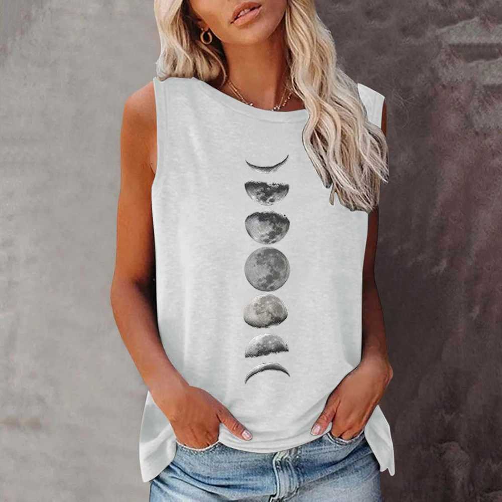 Seeyoushy Moon Round Missing HarajukuSummer Women's T-shirt Crewneck Casual Sleeveless T-shirt Women's Loose 90's Top Ropa Mujer