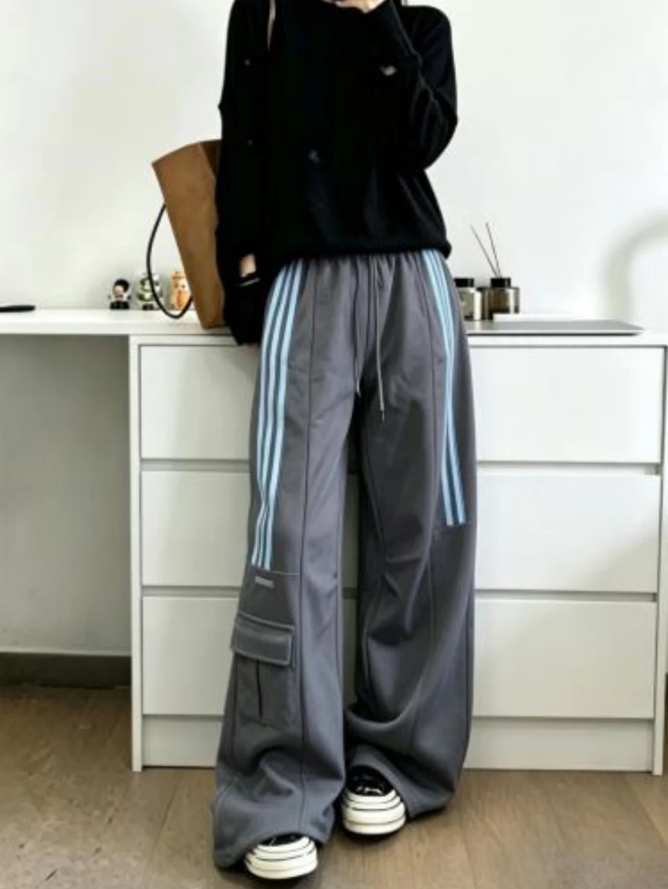 Women's Side Stripe Cargo Wide Leg Pants, High Street Drawstring Draped Casual Sweatpants