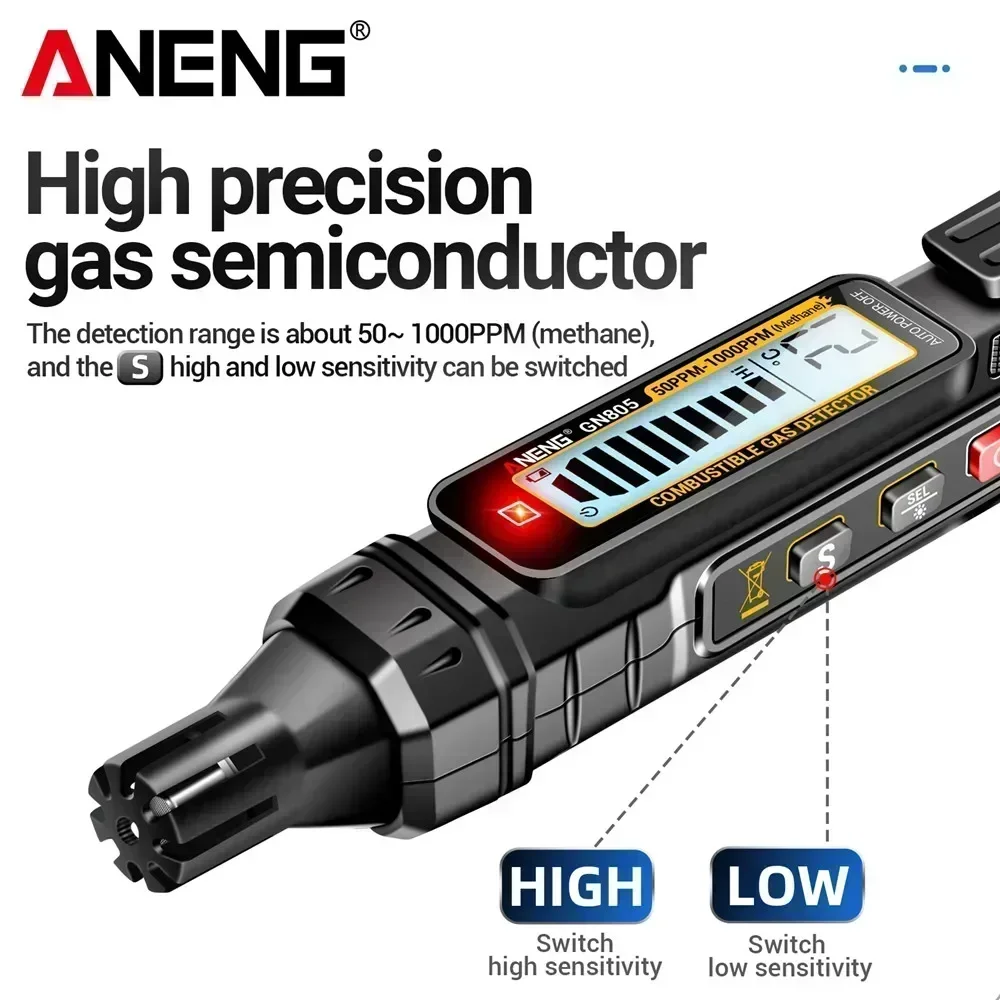 Multi Gas Leak Detector ANENG GN805 Sound Light Alarm LCD Backlight Portable 50-10000PPM Flammable Alcohol Methane Analyzer