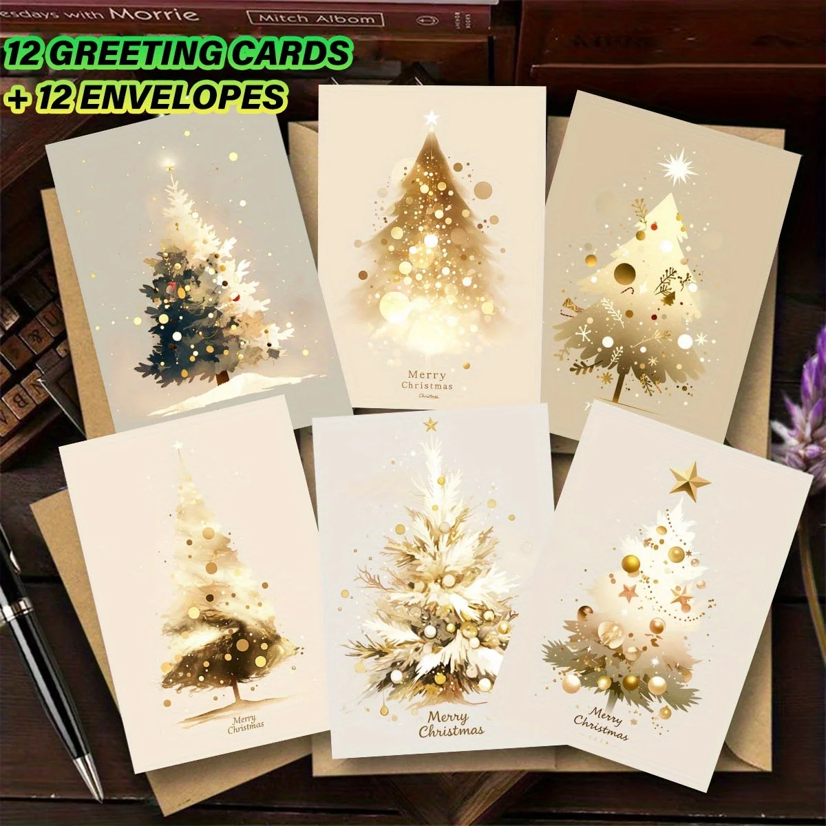24Pcs Christmas Greeting Cards Set (12 Cards +12 Envelopes), Gold Christmas Tree Folded Cards 10×15cm, Xmas Message Thank You Ca