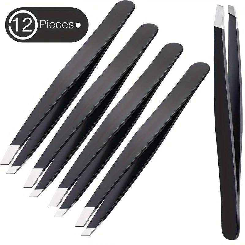 12Pcs Hair Removal Tweezers Stainless Steel Eyebrow Tweezers Slanted Black Tip Point Face Harmless Makeup Beauty Tool Black