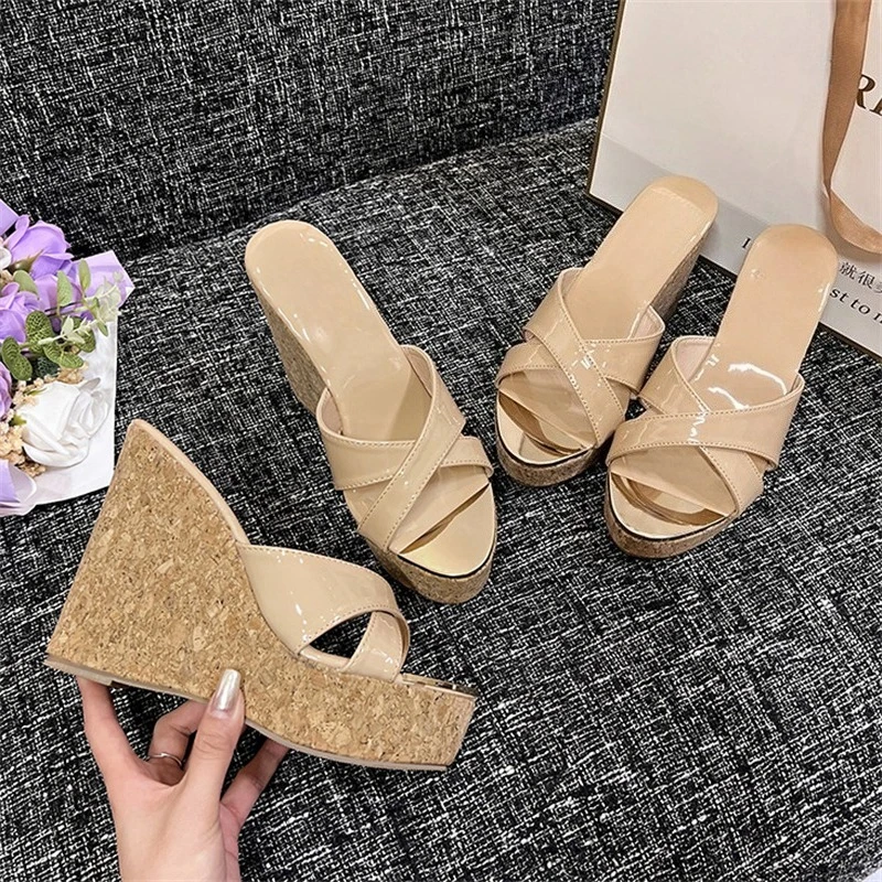

Aneikeh Fashion Patent Leather Wood Grain Platform Wedges Women Slippers 2026 Summer Peep Toe High Heels Shoes