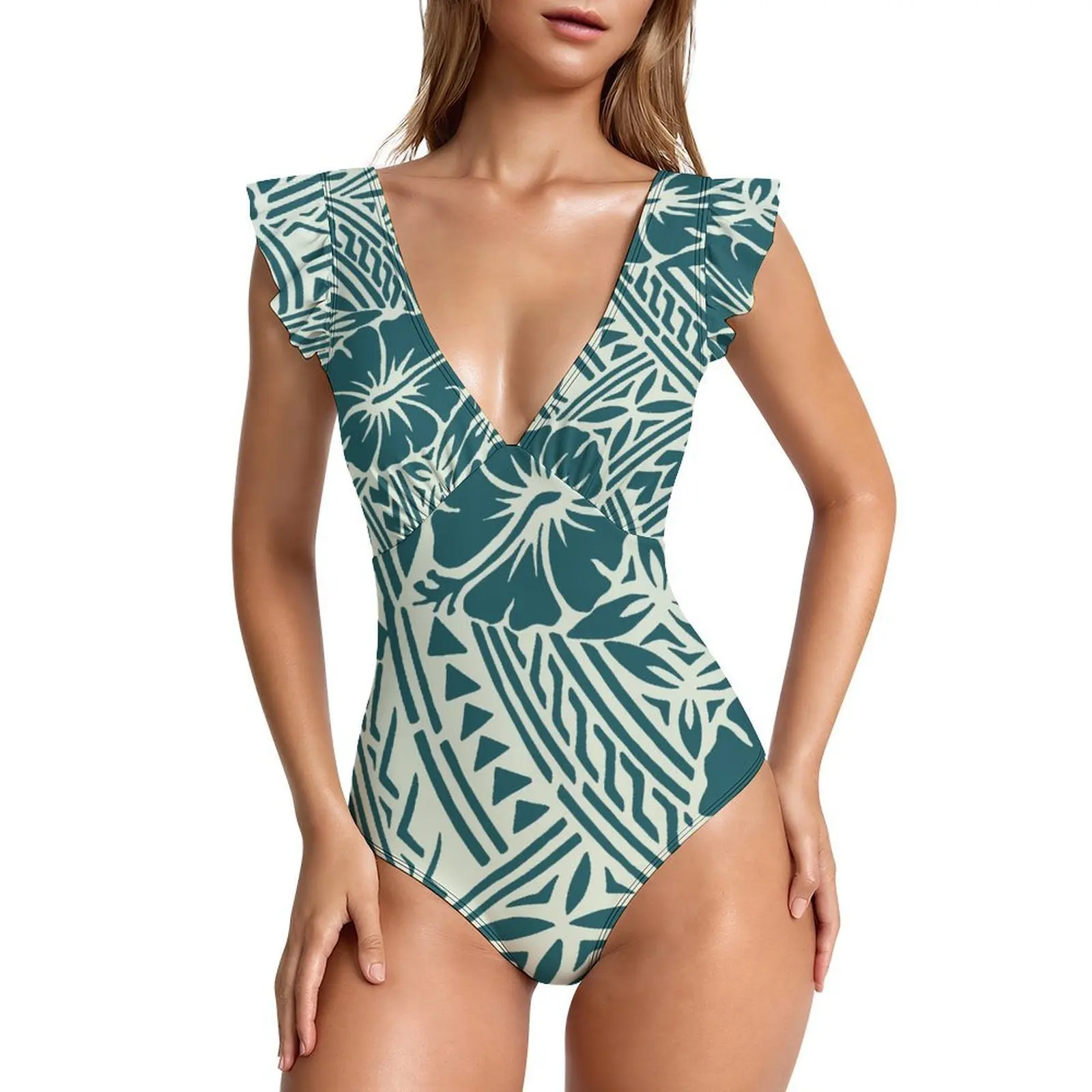 Deep V-Neck Women'S Summer Sexy Ruffled Sleeve Custom Floral Print One-Piece Swimming Suit - Hawaiian Style Beach Bikini