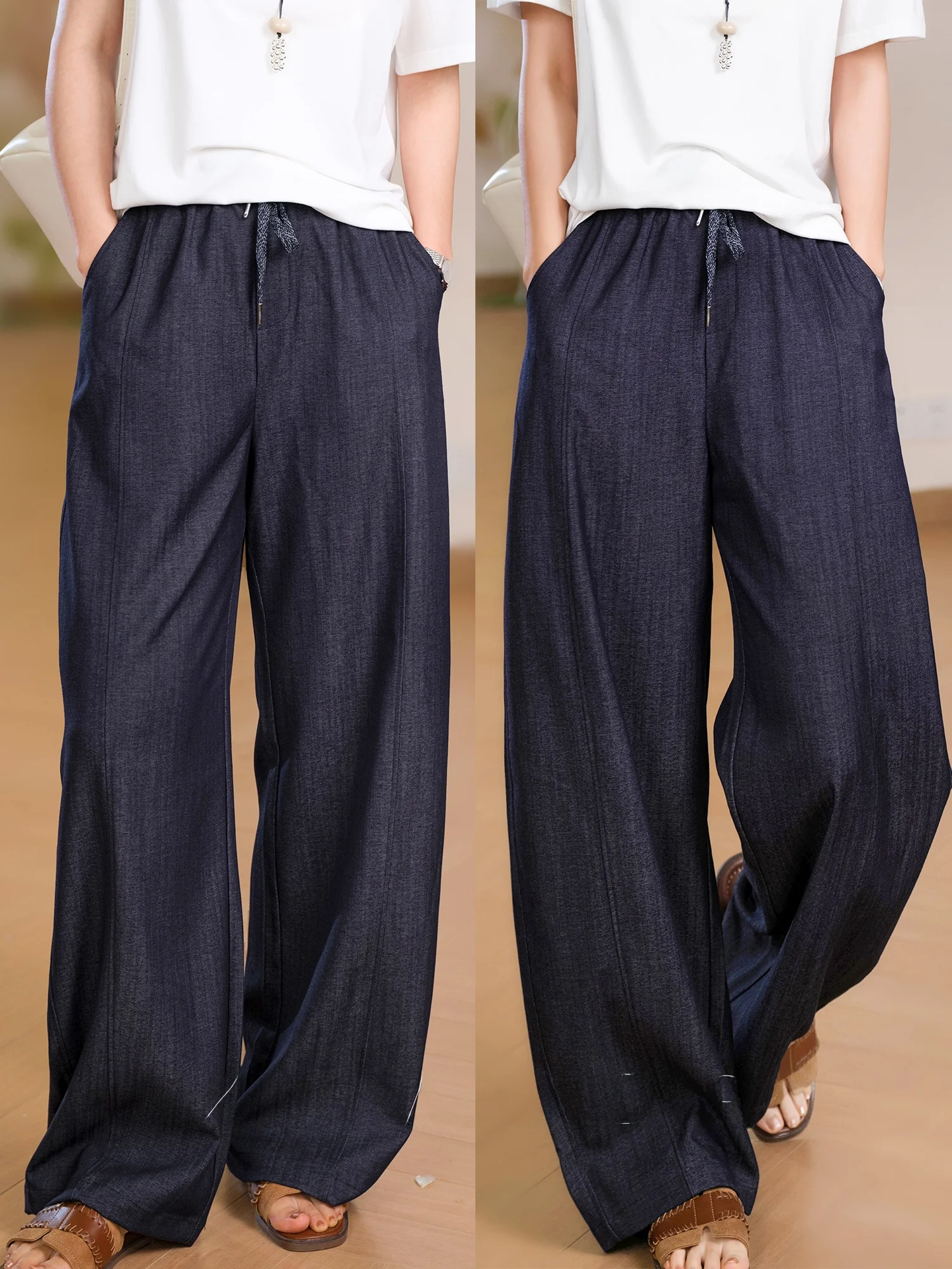 

Шелковистые струящиеся брюки с эластичным поясом на шнурке, женские, без складок, с плиссировкой, синие, повседневные, однотонные, в пол