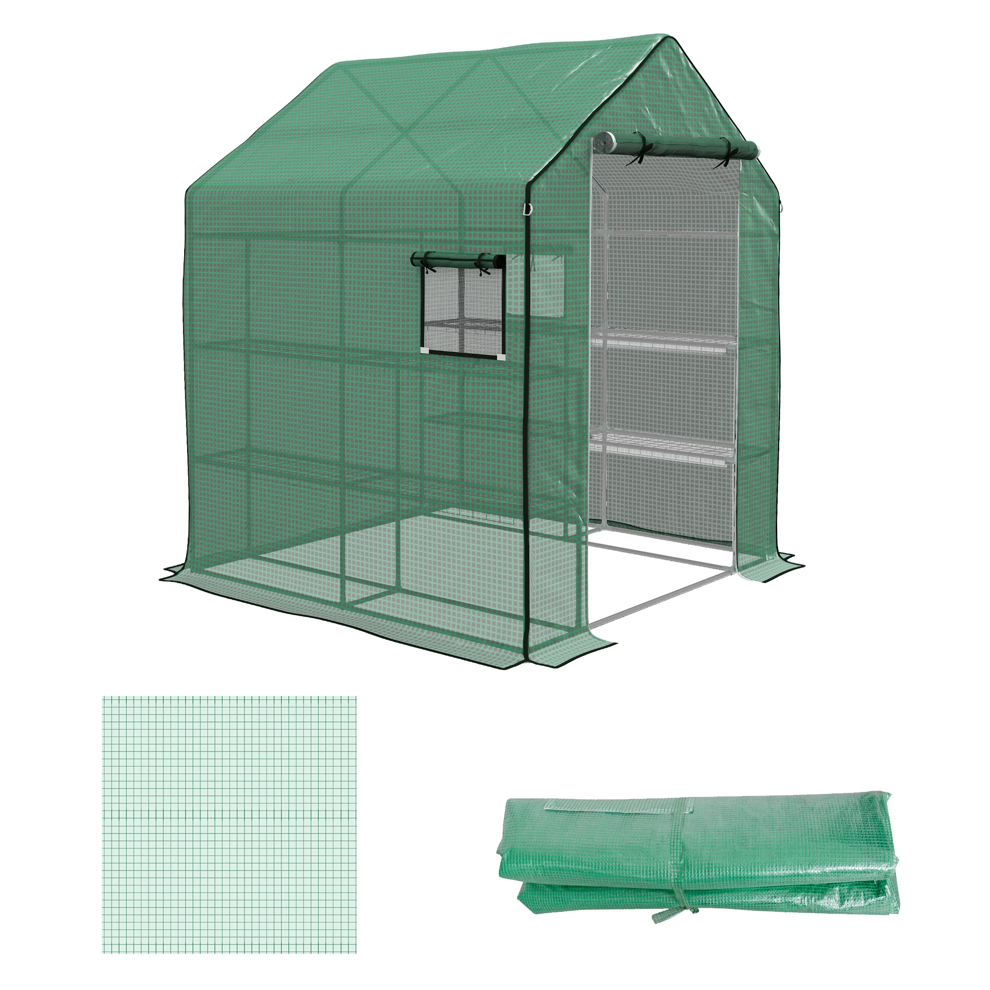 

Greenhouse Cover Replacement Walk-in PE Hot House Cover with Roll-up Door and Windows, 140 x 143 x 190cm, Green