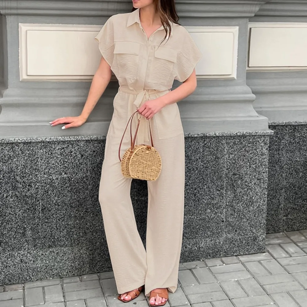 TWOTWINSTYLE – combinaison kaki légère pour femmes, décontractée, revers, manches courtes, taille haute, jambes larges, avec lacets