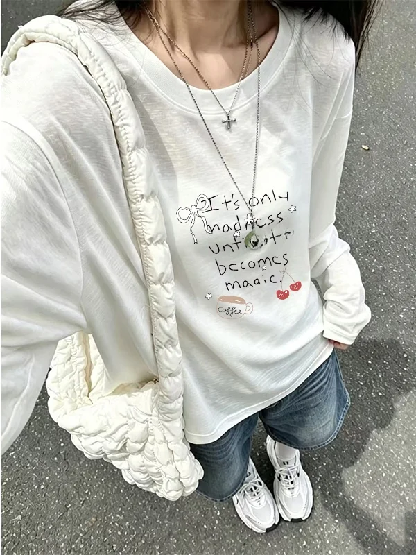 Spring 2026 White Long Sleeve T-Shirt Women's Loose Slimming Fashionable Young-looking Thin Snowflake Cotton Top Shoulder